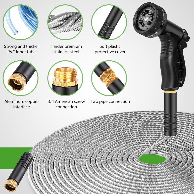 Tuzoc Metal Garden Hose 100FT  Stainless Steel Heavy Duty Water Hose With 10 Function Nozzle  No-Kink  Tough & Flexible  Sturdy and Lightweight  Rust Proof for Yard  Outdoor  RV - Image 2